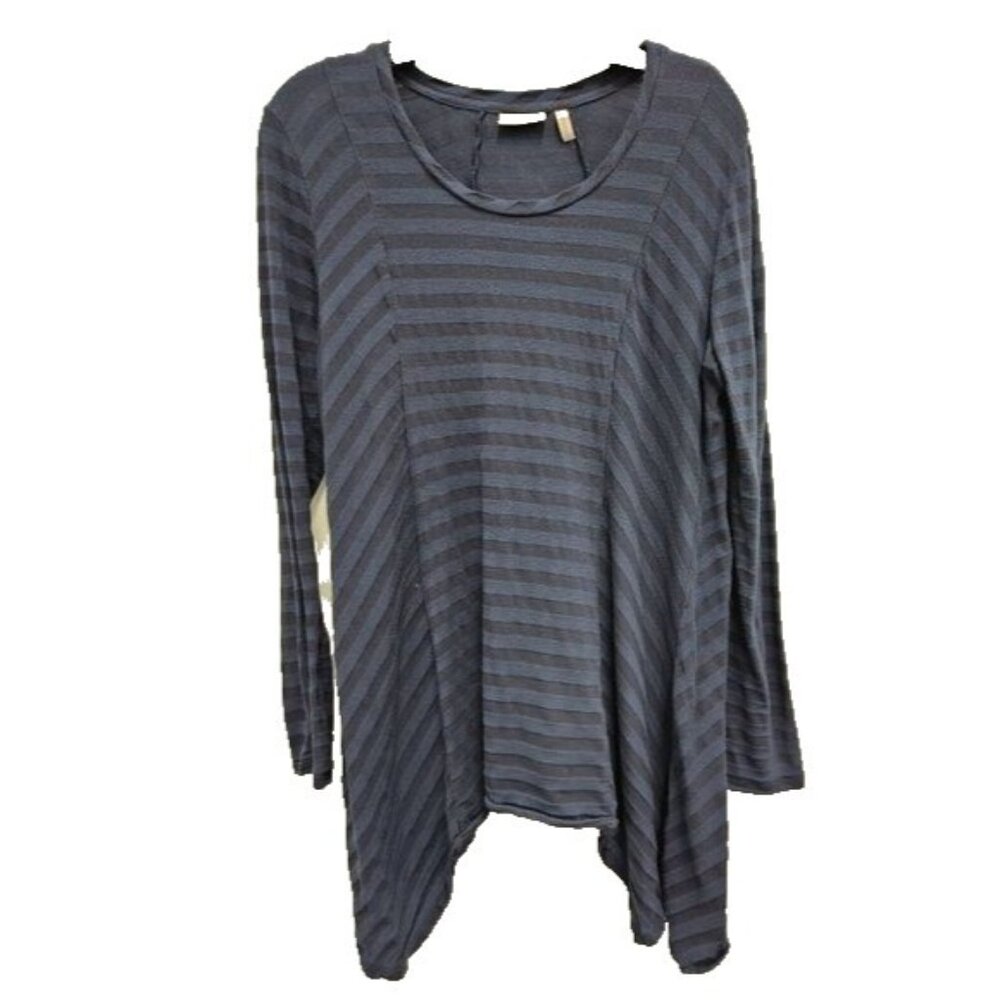 LOGO Lori Goldstein Womens Lagenlook Tunic Top Medium Navy Striped Hanky Hem